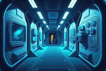 of a spacecraft corridor with a blue background and neon lighting technology. Generative AI