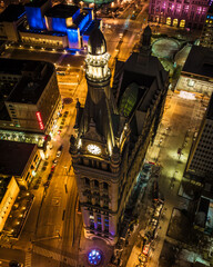 Aerial Night Shot of Downtown Milwaukee, WI - City Hall Building