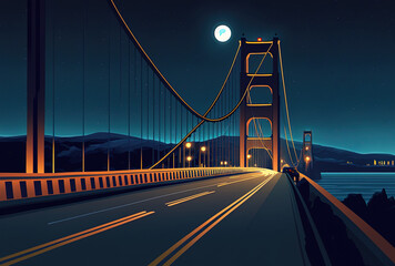 Fototapeta na wymiar Nighttime view from a high perspective of the Golden Gate Bridge against a deep blue sky. Generative AI