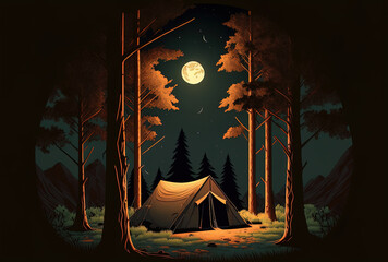 Nighttime vertical image of a tent for camping next to some trees. Generative AI