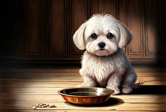 Maltese dog on old parquet, waiting for food with an empty bowl. Generative AI