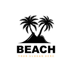 Obraz premium Coconut Tree Logo With Beach Atmosphere, Beach Plant Vector, Sunset View Design