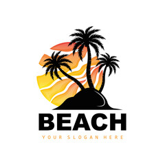 Obraz premium Coconut Tree Logo With Beach Atmosphere, Beach Plant Vector, Sunset View Design