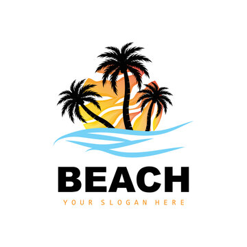 Coconut Tree Logo With Beach Atmosphere, Beach Plant Vector, Sunset View Design