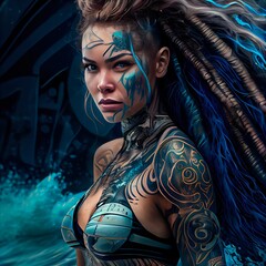 Portrait of an ancient female warrior with tattoos. The concept of an ancient brave warrior. Generative AI.
