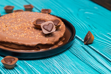 Delicious chocolate layer cake with toffee heart