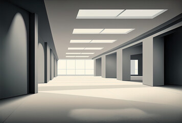 Indoor event room, contemporary large empty hall made of concrete. Generative AI