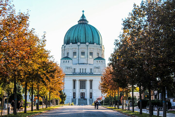 VIENNA, AUSTRIA - OCTOBER 06, 2022 - Beautiful church of the Central cemetery in Vienna - obrazy, fototapety, plakaty