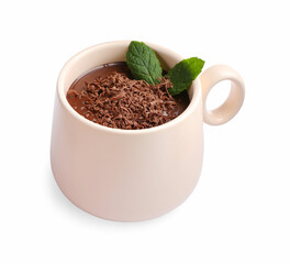 Cup of delicious hot chocolate with mint on white background