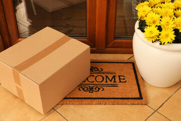 Parcel on door mat and beautiful flowers near entrance