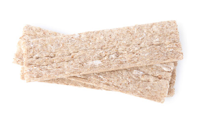 Tasty fresh rye crispbreads isolated on white, top view