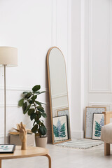 Beautiful mirror, furniture and plant in room. Interior design