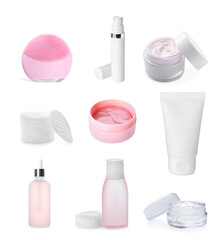 Set with different cosmetic products on white background