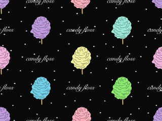 Candy Floss cartoon character seamless pattern on black background