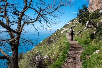 Hiking the famous path Sentiero degli Dei, the path of Gods at the Amalfi coast, Italy