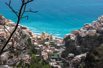 Naklejka na ściany i meble Cityscape of Positano at the Amalfi coast and the church Santa Maria Assunta, Italy