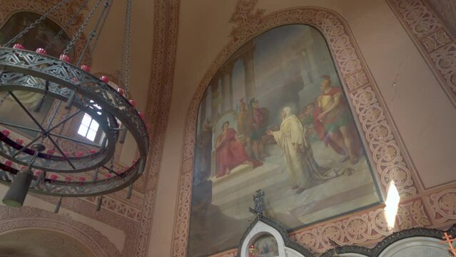 Biblical scenes on the inner walls of the Church of St. Mary Magdalene in Jerusalem.