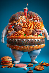 An obese person made of fatty foods, junk food. Diet, nutrition concept. Generative AI - obrazy, fototapety, plakaty
