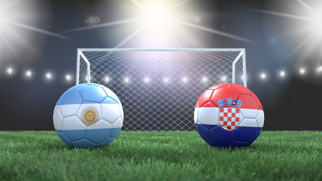 Two soccer balls in flags colors on stadium blurred background. Argentina vs Croatia. 3d image