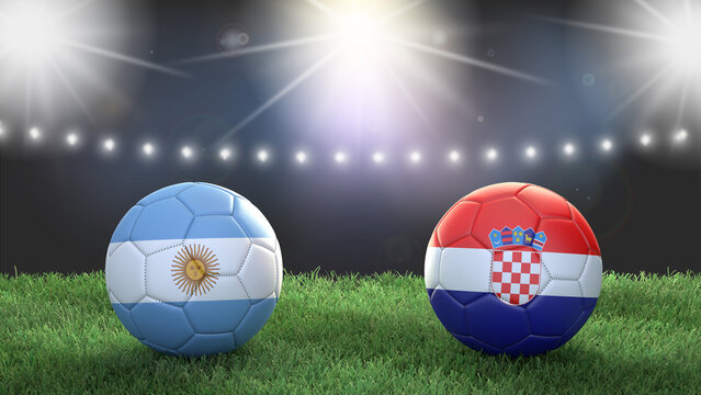 Two soccer balls in flags colors on stadium blurred background. Argentina vs Croatia. 3d image