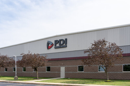 Buffalo, NY, USA - July 23, 2022: PDI (Power Drives) sign on its headquarters building in Buffalo, NY, USA. PDI manufactures pneumatic and hydraulic components, assemblies and systems.