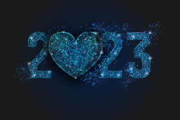 Abstract isolated blue image of new year number 2023. Polygonal low poly wireframe illustration looks like stars in the blask night sky in spase or flying glass shards. Digital web, internet design. © Katsiaryna