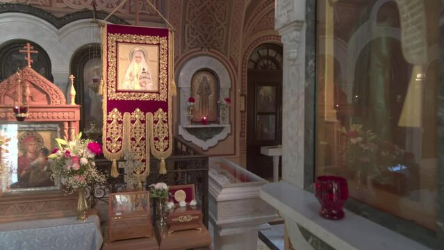 A shrine with the relics of the Holy Great Martyr Elizabeth Feodorovna in the church of Mary Magdalene in Jerusalem.