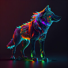 Lobo cyberpunk con luces de neón coloridas sobre fondo negro - obrazy, fototapety, plakaty