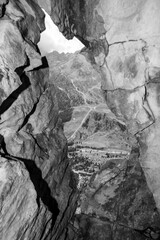 View out of a loophole of the Mount Lagazuoi tunnels, built during the First World War, Dolomite Alps in South Tirol