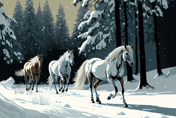 Horses moving in a chilly winter woodland. Generative AI