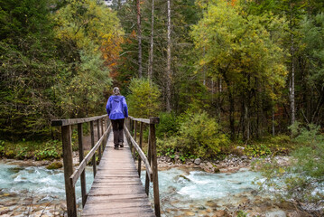 Crossing a wooden footbridge in the forest, somewhere in the Bistrice valley in the Triglav National Park