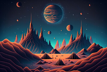 Illustration of an extraterrestrial planet's surface with mountains and stars in a nighttime cosmic sky. Generative AI