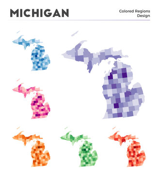 Michigan map collection. Borders of Michigan for your infographic. Colored us state regions. Vector illustration.