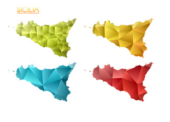 Set of vector polygonal maps of Sicilia. Bright gradient map of island in low poly style. Multicolored Sicilia map in geometric style for your infographics. Astonishing vector illustration.