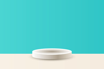 3d white podium pedestal display on blue background with blank stand for showing product studio backdrop