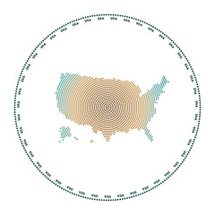 USA round logo. Digital style shape of USA in dotted circle with country name. Tech icon of the country with gradiented dots. Powerful vector illustration.