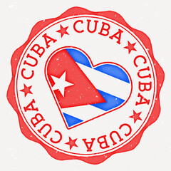 Cuba heart flag logo. Country name text around Cuba flag in a shape of heart. Classy vector illustration.