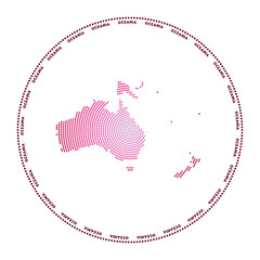 Oceania round logo. Digital style shape of Oceania in dotted circle with continent name. Tech icon of the continent with gradiented dots. Attractive vector illustration.