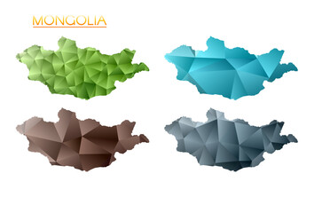 Set of vector polygonal maps of Mongolia. Bright gradient map of country in low poly style. Multicolored Mongolia map in geometric style for your infographics. Appealing vector illustration.