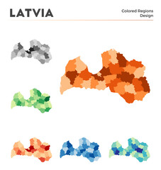 Latvia map collection. Borders of Latvia for your infographic. Colored country regions. Vector illustration.