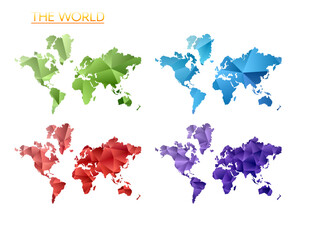 Set of vector polygonal maps of The World. Bright gradient map of world in low poly style. Multicolored The World map in geometric style for your infographics. Captivating vector illustration.