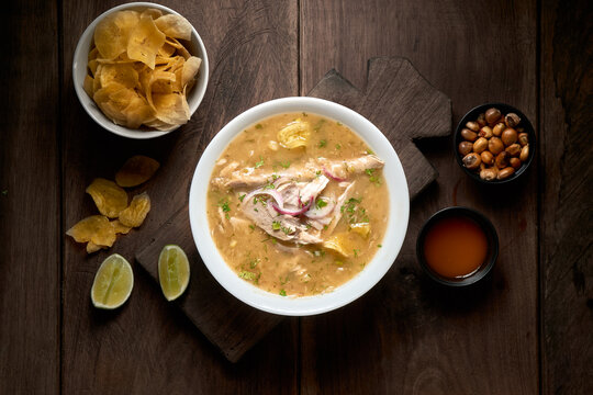 Typical food. Delicious encebollado fish stew from Ecuador traditional food from the house of national dishes. Ecuadorian food