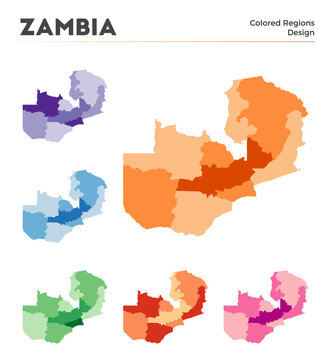 Zambia map collection. Borders of Zambia for your infographic. Colored country regions. Vector illustration.
