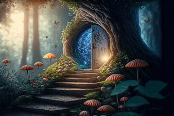 Fantasy enchanted fairy tale forest with magical opening secret door and mystical shine light outside the gate, mushrooms, and fairytale butterflies	 - obrazy, fototapety, plakaty