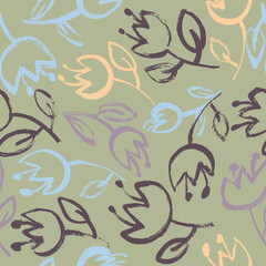 Grunge Floral Seamless Pattern. Hand Drawn Artwork Background.