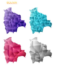 Set of vector polygonal maps of Bolivia. Bright gradient map of country in low poly style. Multicolored Bolivia map in geometric style for your infographics. Authentic vector illustration.