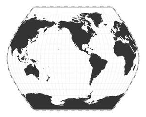 Vector world map. Ginzburg VIII projection. Plan world geographical map with latitude/longitude lines. Centered to 120deg E longitude. Vector illustration.