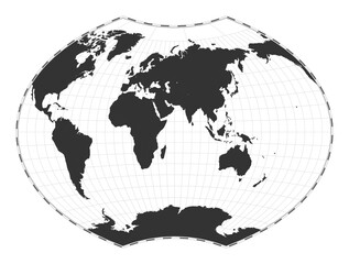 Vector world map. Ginzburg VI projection. Plan world geographical map with latitude/longitude lines. Centered to 60deg W longitude. Vector illustration.