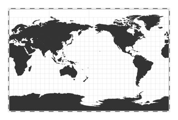 Vector world map. Cylindrical stereographic projection. Plan world geographical map with latitude/longitude lines. Centered to 180deg longitude. Vector illustration.