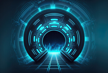 futuristic round tunnel in the backdrop, with bright neon blue lights. Generative AI